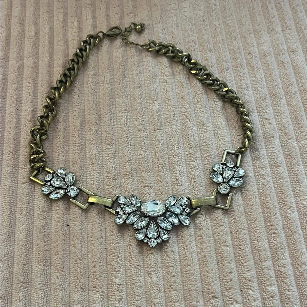 J. Crew Leaf Antique Gold and Crystal Statement Necklace - Picture 2 of 2